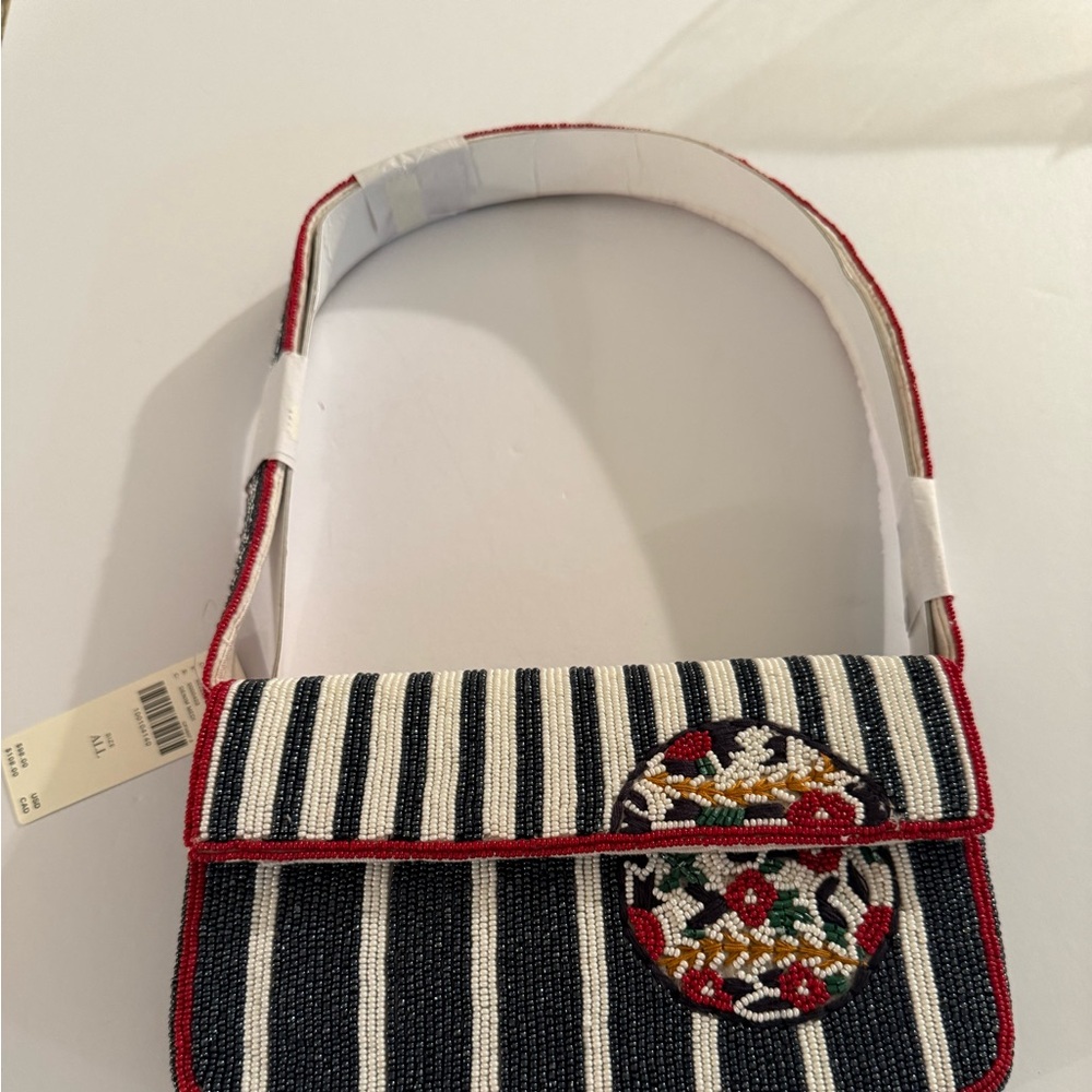 Anthropologie Fiona Striped Beaded Baseball Handbag